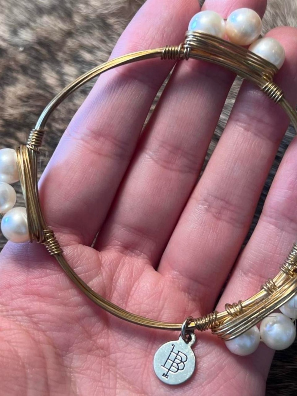 Large pearl gold toned wire wrapped bangle bracelet